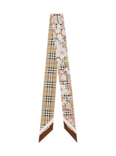 Шелковый узкий шарф в клетку с цветочным принтом Burberry, бежевый