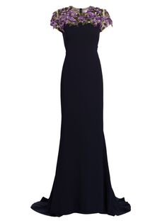 Сиреневое эластичное платье с вышивкой Oscar de la Renta, нави