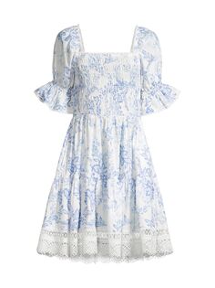 Присборенное кружевное платье с цветочным принтом Rachel Parcell, синий