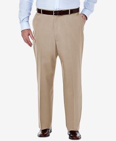 Мужские большие и высокие брюки премиум-класса без железа цвета хаки классического кроя с плоским передом и скрытым расширяемым поясом Haggar