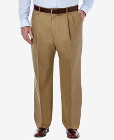 Мужские большие и высокие брюки премиум-класса без железа цвета хаки классического кроя со складками и скрытым расширяемым поясом Haggar, мульти