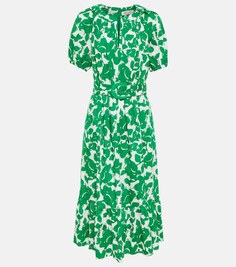 Платье миди Lindy из хлопка с цветочным принтом DIANE VON FURSTENBERG, зеленый