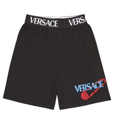 Шорты из хлопкового джерси с вышитым логотипом Versace, черный