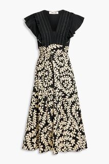 Платье миди Britta из хлопкового поплина с принтом и оборками DIANE VON FURSTENBERG, черный