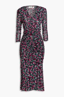 Платье миди Briella из эластичной сетки со сборками и цветочным принтом DIANE VON FURSTENBERG, фуксия