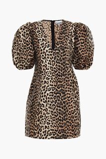 Присборенное мини-платье леопардового жаккарда GANNI, животный принт