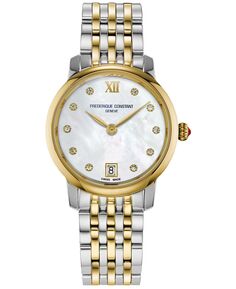 Женские швейцарские тонкие часы с двухцветным браслетом из нержавеющей стали с бриллиантами (1/20 карата, 30 мм) Frederique Constant