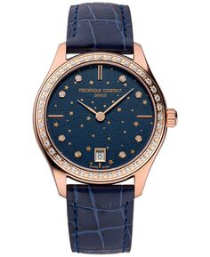Женские швейцарские классические часы с бриллиантами (3/8 карата) темно-синего цвета с кожаным ремешком, 36 мм Frederique Constant