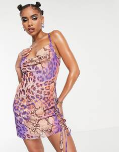 Леопардовое платье-комбинация со шнуровкой и воротником-хомутом ASYOU