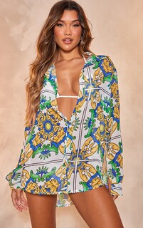 PrettyLittleThing Объемная пляжная рубашка из шифона с многоконтрастным принтом Амальфи