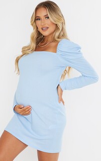 PrettyLittleThing Голубое мини-платье в рубчик с длинными рукавами и пышными плечами для беременных