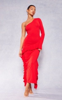 PrettyLittleThing Красное трикотажное платье макси с одним рукавом и оборкой по краям