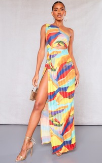 PrettyLittleThing Платье макси с плиссированными узлами и разрезами с разноцветным принтом