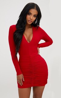 PrettyLittleThing Красное облегающее мини-платье со сборками
