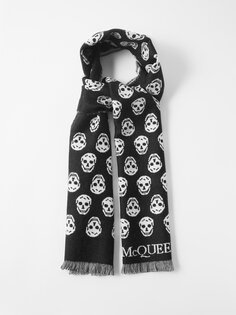 Шерстяной шарф с жаккардовой бахромой и черепом Alexander McQueen, черный