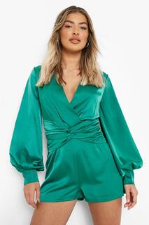 Атласный блузон комбинезон с рукавами Boohoo, зеленый