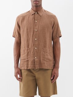 Льняная рубашка в клетку с накладными карманами Oliver Spencer, коричневый