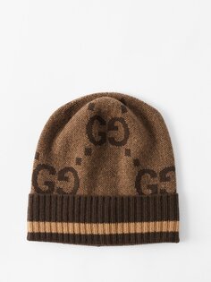 Кашемировая шапка-бини с узором gg-жаккард Gucci, коричневый