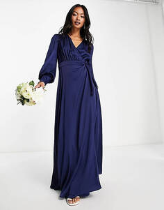 Темно-синее атласное платье макси с длинными рукавами TFNC Bridesmaid