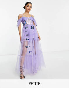 Эксклюзивное сиреневое прозрачное корсетное платье с объемной вышивкой Lace &amp; Beads Petite