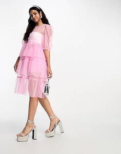 Розовое многослойное платье миди из тюля Monki