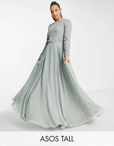 Оливковое платье макси с длинными рукавами и жемчугом, украшенное бисером ASOS DESIGN Tall Bridesmaid