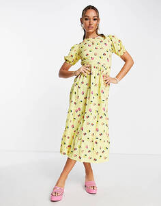 Ярусное свободное платье миди с открытой спиной Neon Rose с лимонно-фруктовым принтом Unknown