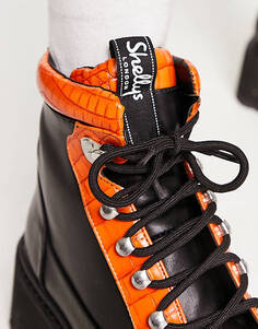 Черные и оранжевые массивные армейские ботинки Shellys London Aster