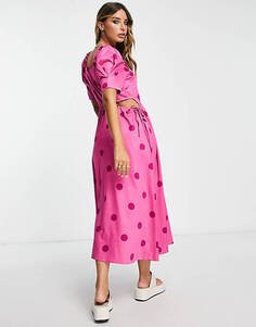 Ярко-розовое платье миди с вырезами и пышными рукавами YAS Y.A.S