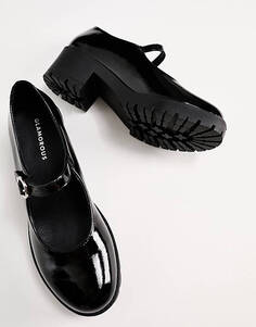 Черные лакированные туфли Мэри Джейн на низком каблуке Glamorous Wide Fit