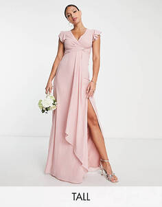 Розовое платье макси с развевающимися рукавами и рюшами TFNC Tall Bridesmaid