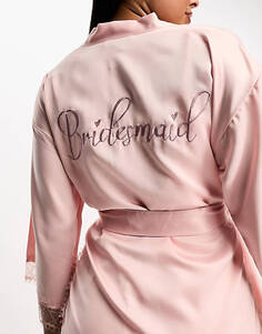 Розовый атласный халат для подружки невесты с вышивкой и кружевом Ann Summers