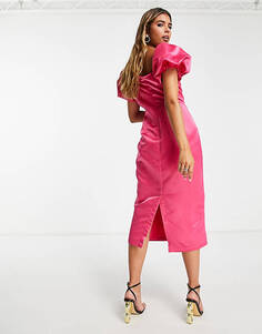 Розовое платье-карандаш миди с объемными рукавами In The Style x Terrie Mcevoy