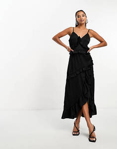 Эксклюзивное черное платье макси на бретельках с оборками In The Style Petite