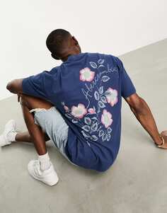 Синяя футболка оверсайз с цветочным принтом на спине и вышитым логотипом Abercrombie &amp; Fitch