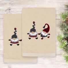 Linum Текстиль для дома Рождественские гномы с вышивкой Роскошный набор из 2 полотенец для рук из турецкого хлопка, белый