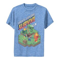 Футболка с графикой Minecraft для мальчиков 8–20 лет «Создавай, исследуй, выживай» в игровой сцене Minecraft