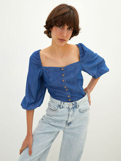 Прямая женская джинсовая блузка с квадратным воротником и длинными рукавами LCW Vision