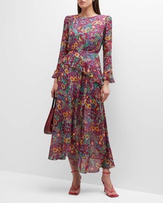 Длинное шелковое платье с рюшами и цветочным принтом Jolene Saloni