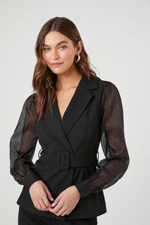 Прозрачный пиджак с длинными рукавами и поясом Forever 21, черный