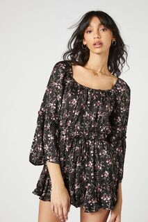 Атласный комбинезон с цветочным принтом Forever 21, черный