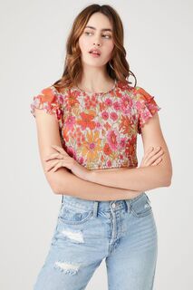 Укороченный топ со сборками и цветочным принтом Forever 21, розовый