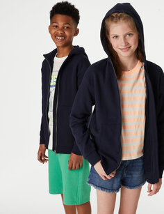 Унисекс, хлопковая куртка с капюшоном на молнии (6–16 лет) Marks &amp; Spencer, темно-синий