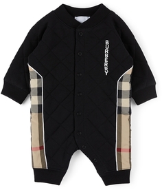 Черный стеганый комбинезон в винтажную клетку Baby Baby Burberry