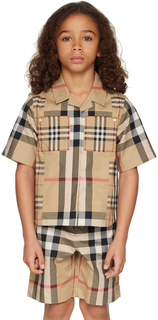 Детская бежевая рубашка в клетку в стиле пэчворк Burberry