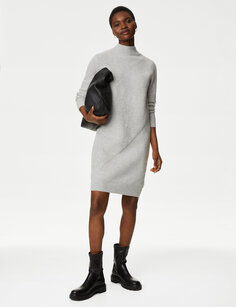 Вязаное мини-платье с воротником-воронкой в ​​рубчик Marks &amp; Spencer, серый