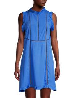 Платье прямого кроя Aurum без рукавов с оборками и вырезами, голубой