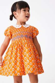 Хлопковое платье с рюшным принтом и кружевным воротником Next, оранжевый