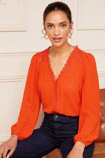 Блузка из ткани добби с длинными рукавами с V-образным вырезом и кружевной отделкой Love &amp; Roses, оранжевый