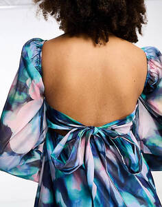 Гламурное свободное мини-платье мини с пышными рукавами и бантом на спине из синей органзы с цветочным принтом Glamorous